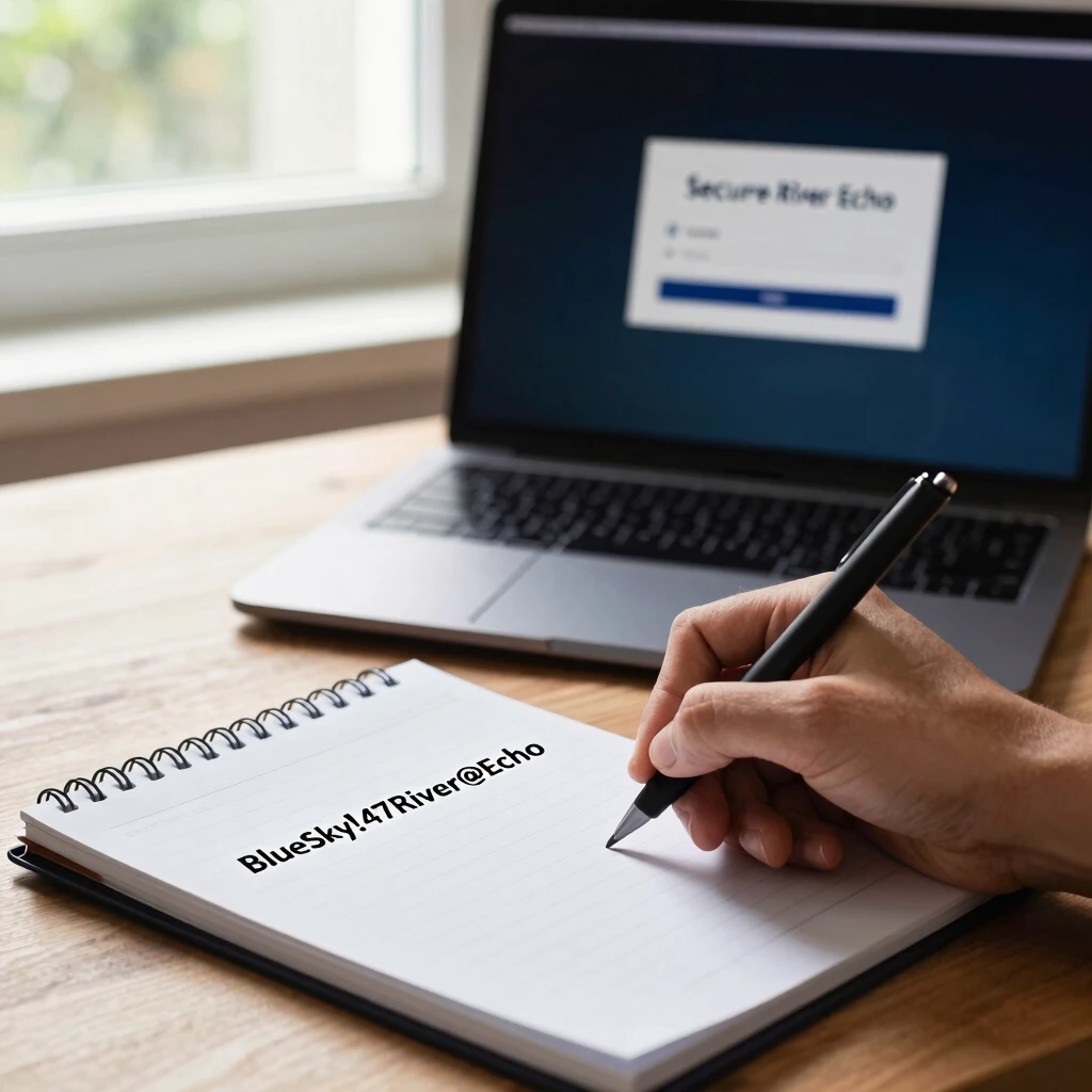Hand crafting a strong password on notepad beside a secure laptop login