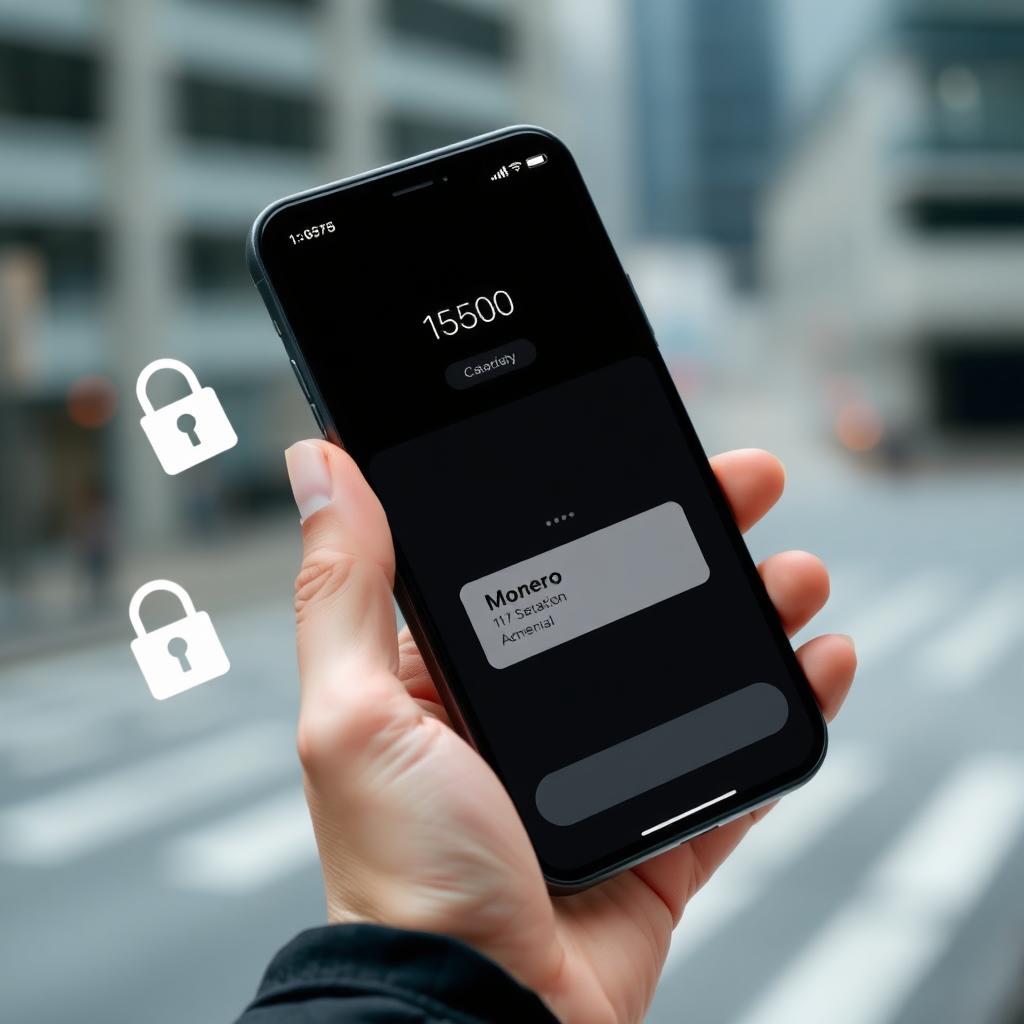 A smartphone displaying a Monero cryptocurrency wallet interface, with a transaction in progress, held against a blurred urban background.