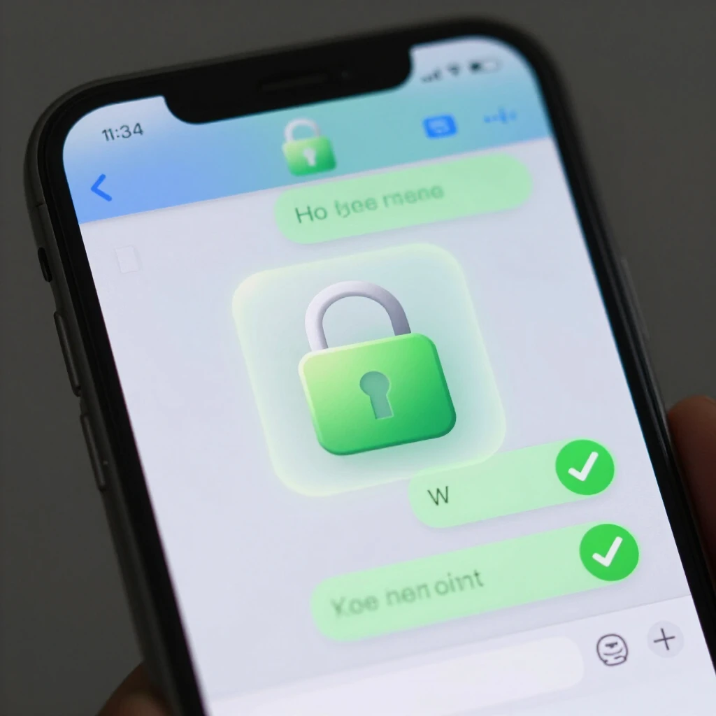 Smartphone screen showing encrypted messaging app with padlock icons and secure chat