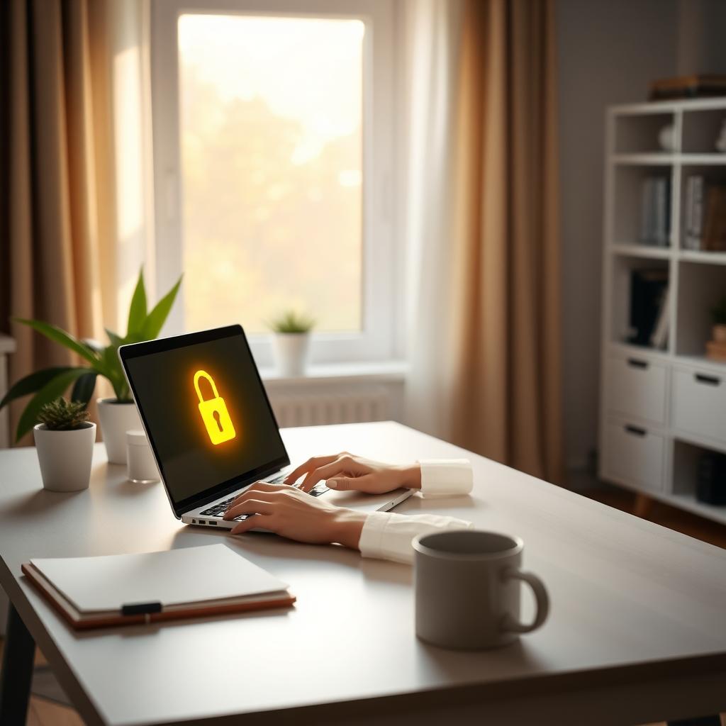 Person using a laptop with a glowing padlock icon in a cozy home office