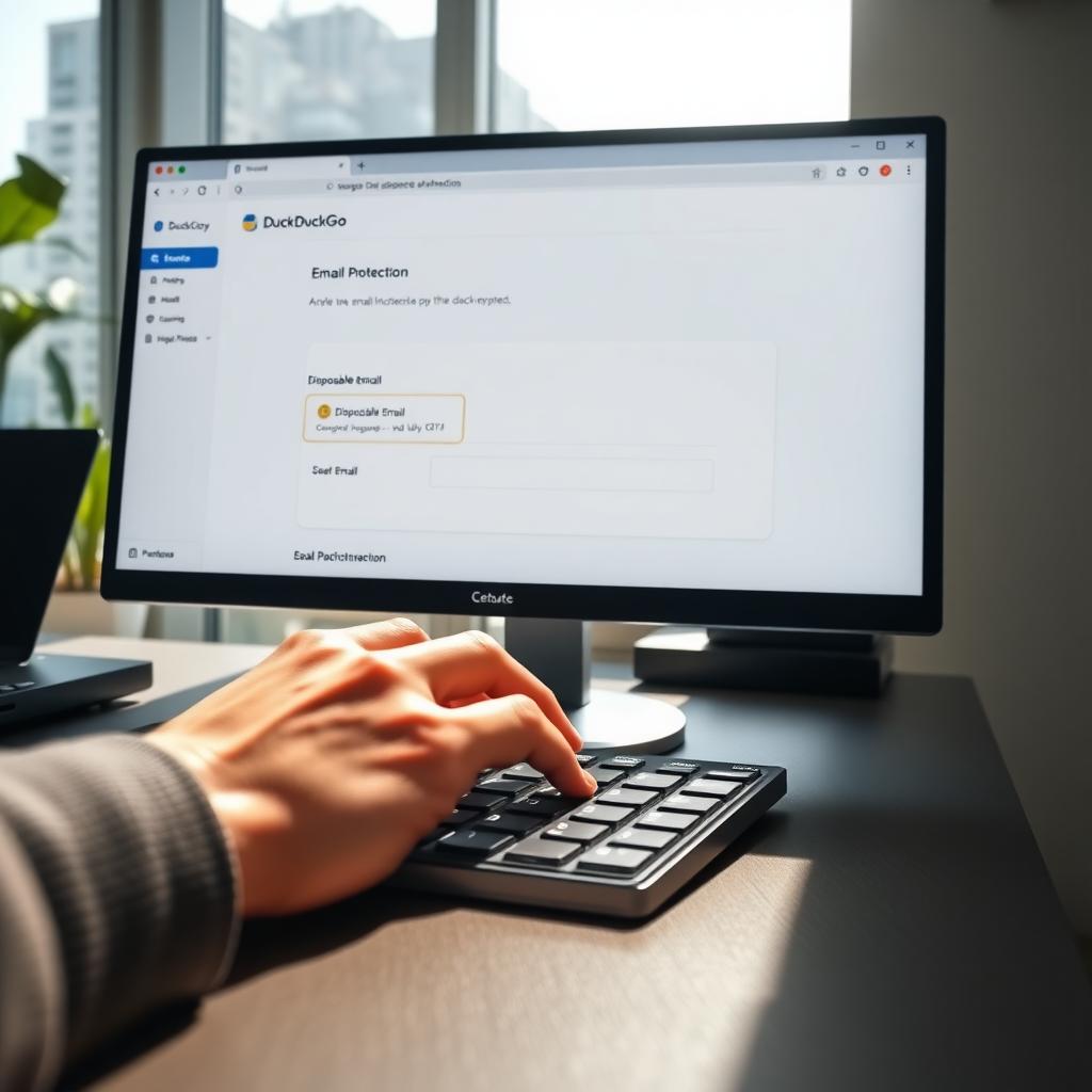 Hands typing on a keyboard with DuckDuckGo’s Email Protection settings on a computer screen.