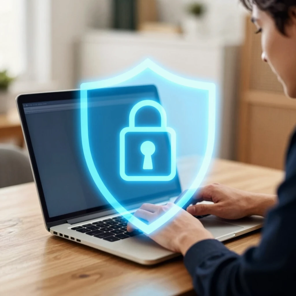 Person using laptop protected by a digital privacy shield icon