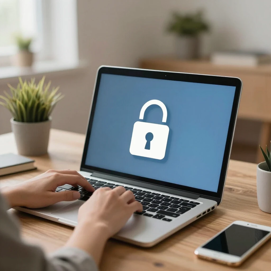 Person working on laptop with security lock icon, representing VPN protection and online privacy