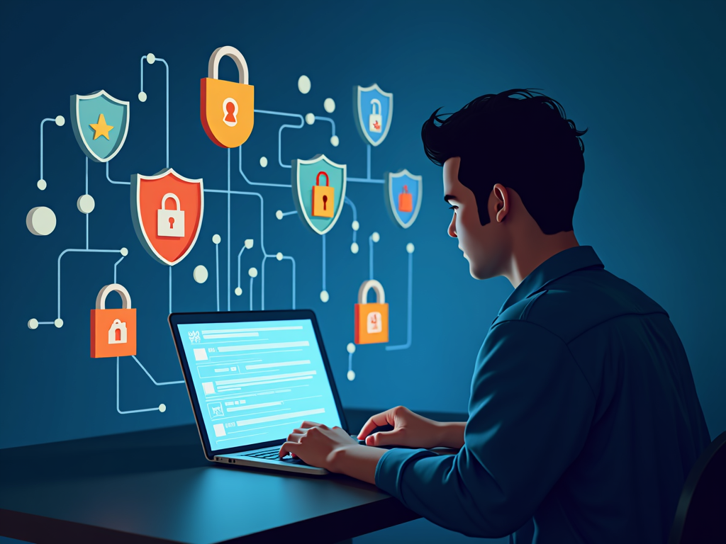 Person using creative tools on a laptop with privacy icons