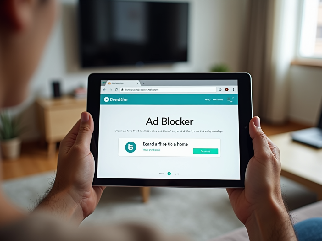A person holding a tablet with an ad blocker in a living room.