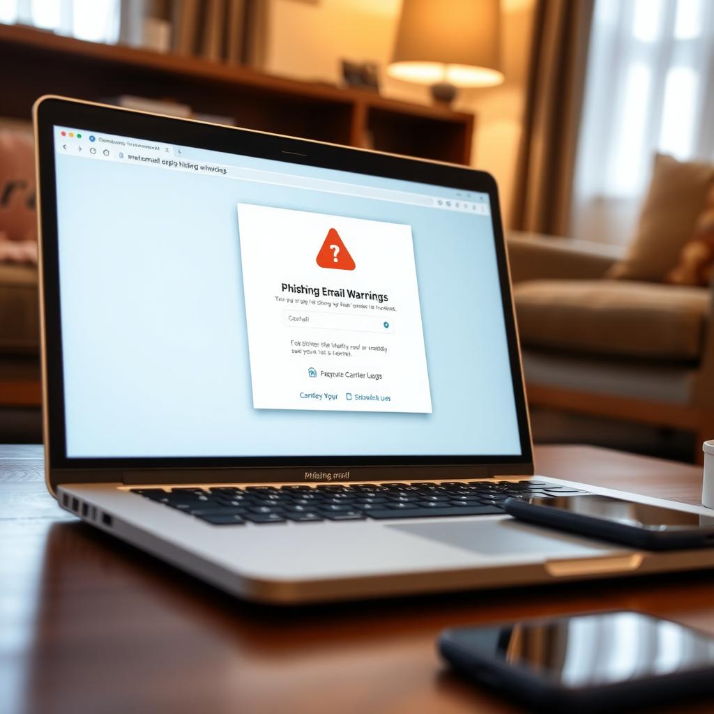 Laptop showing a phishing email warning with a 2FA login page in the background.