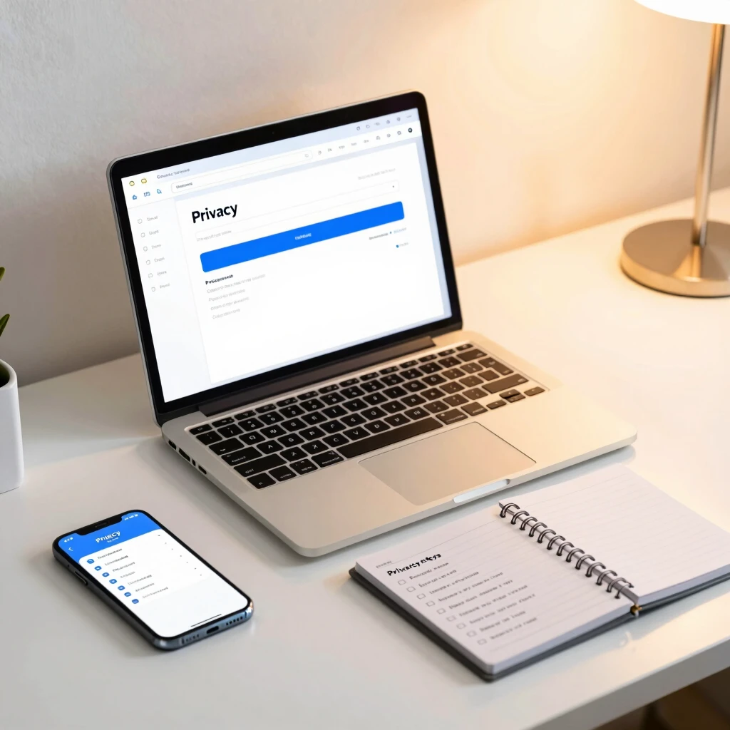 Desk setup showing tools and steps for managing online privacy