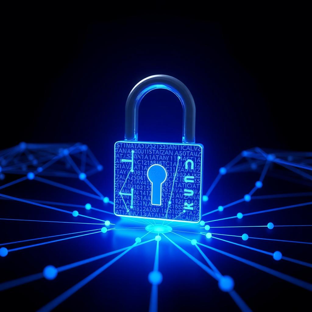Digital lock glowing blue with interconnected data nodes, symbolizing online privacy protection.
