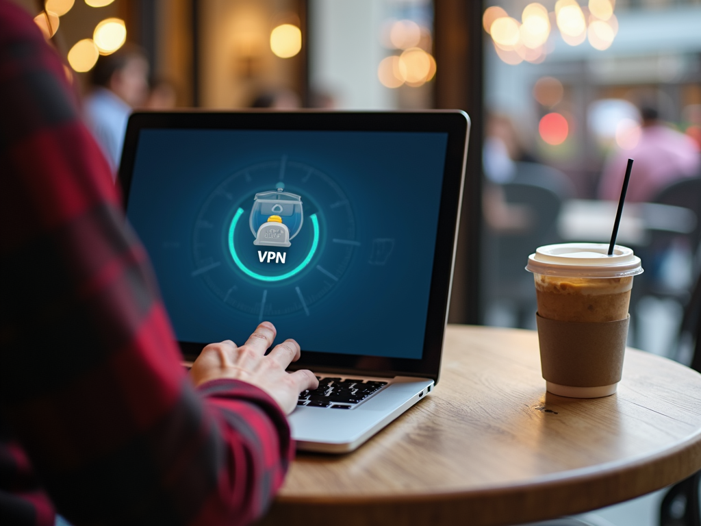 Person using laptop with VPN icon in coffee shop.