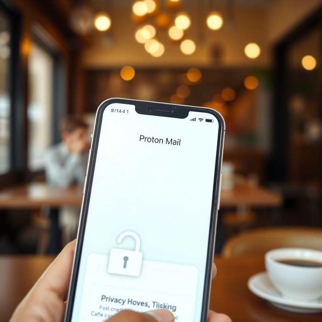 Smartphone displaying Proton Mail app in a coffee shop