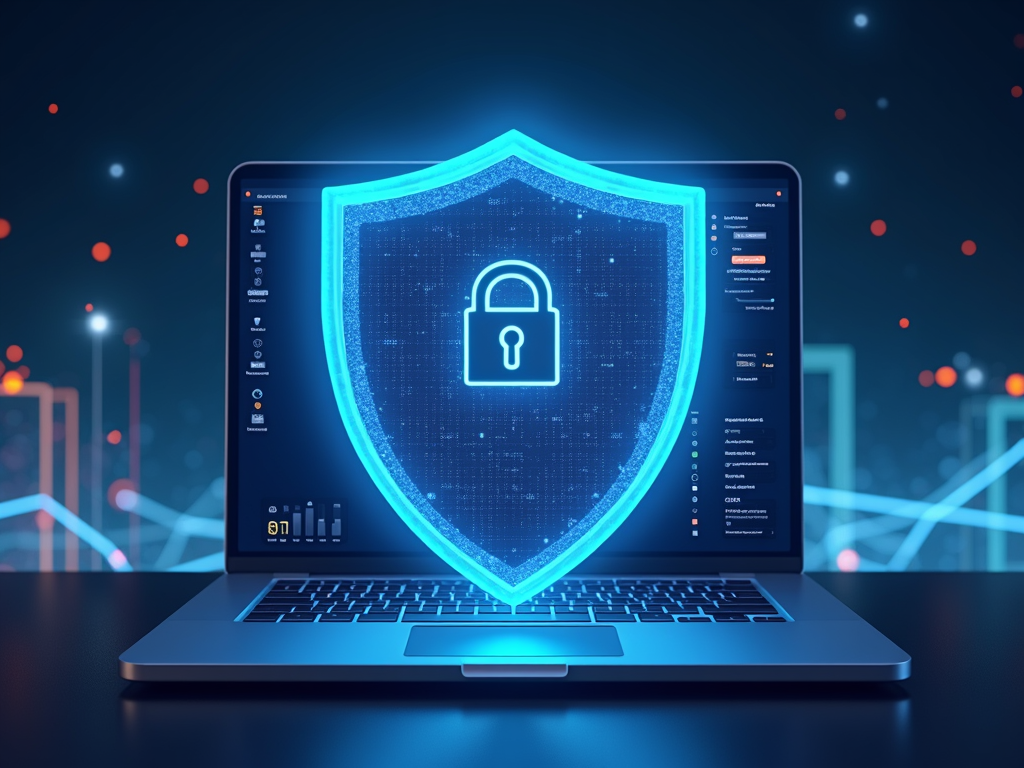 Shield protecting a laptop with icons for VPN, encryption, and privacy.