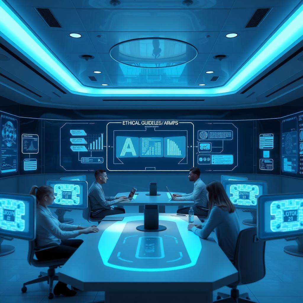 Futuristic AI control room with engineers analyzing ethical guidelines on holographic displays