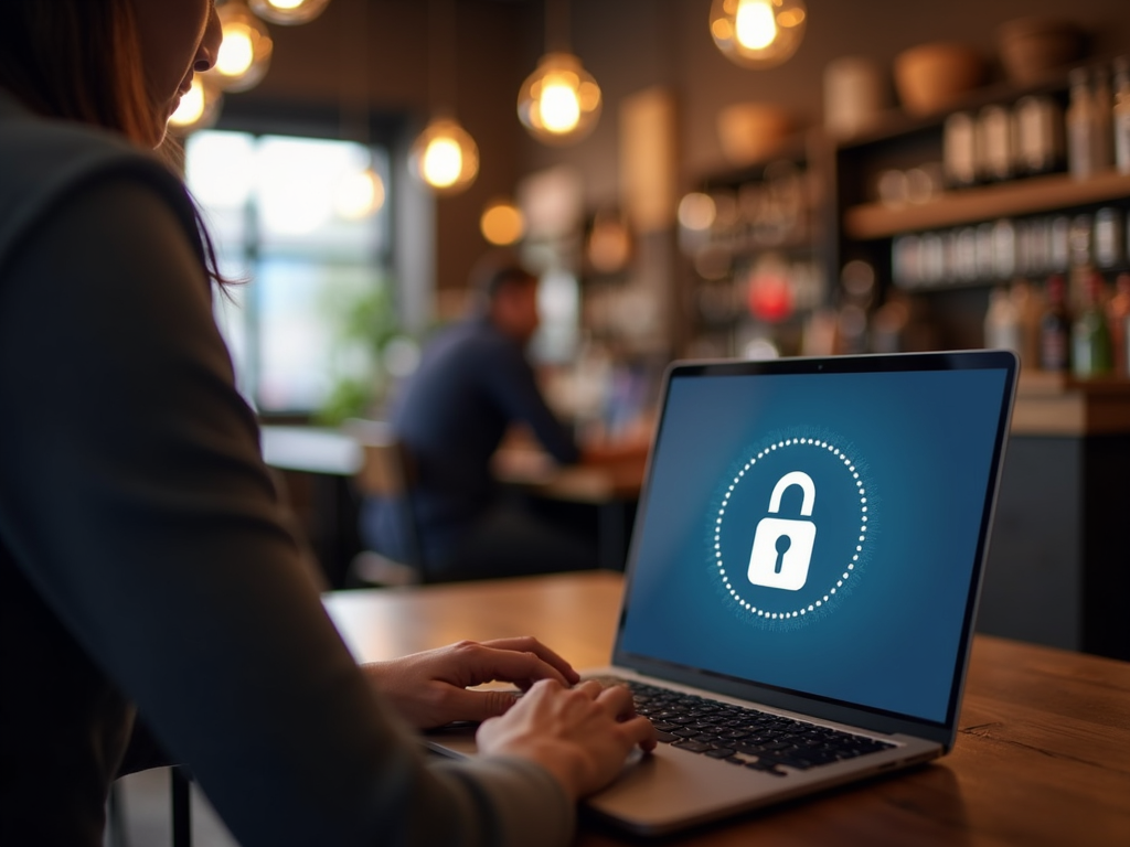 Person using a laptop with a VPN at a coffee shop.