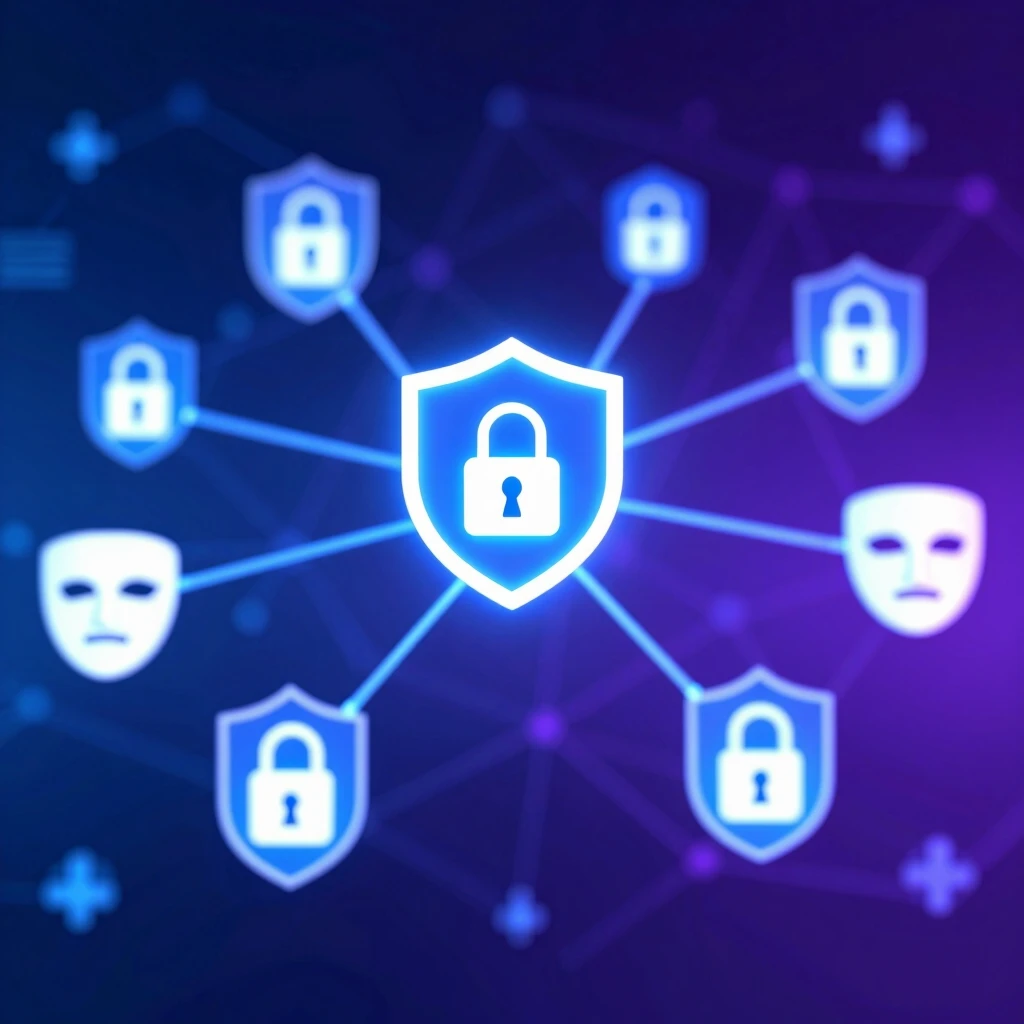 Blockchain chains with privacy protection icons illustration