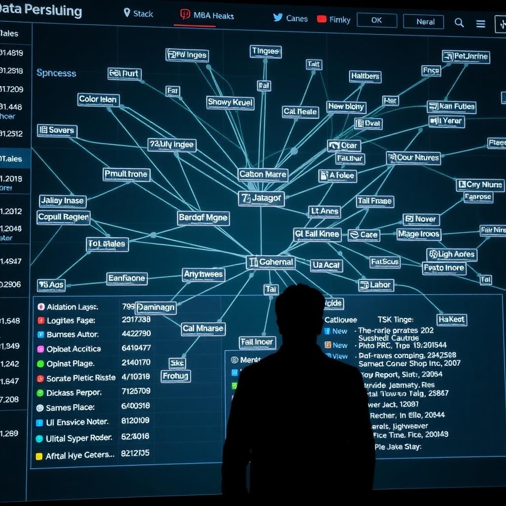 Digital dashboard showing interconnected personal data points with a shadowy figure in the background, representing a data broker.