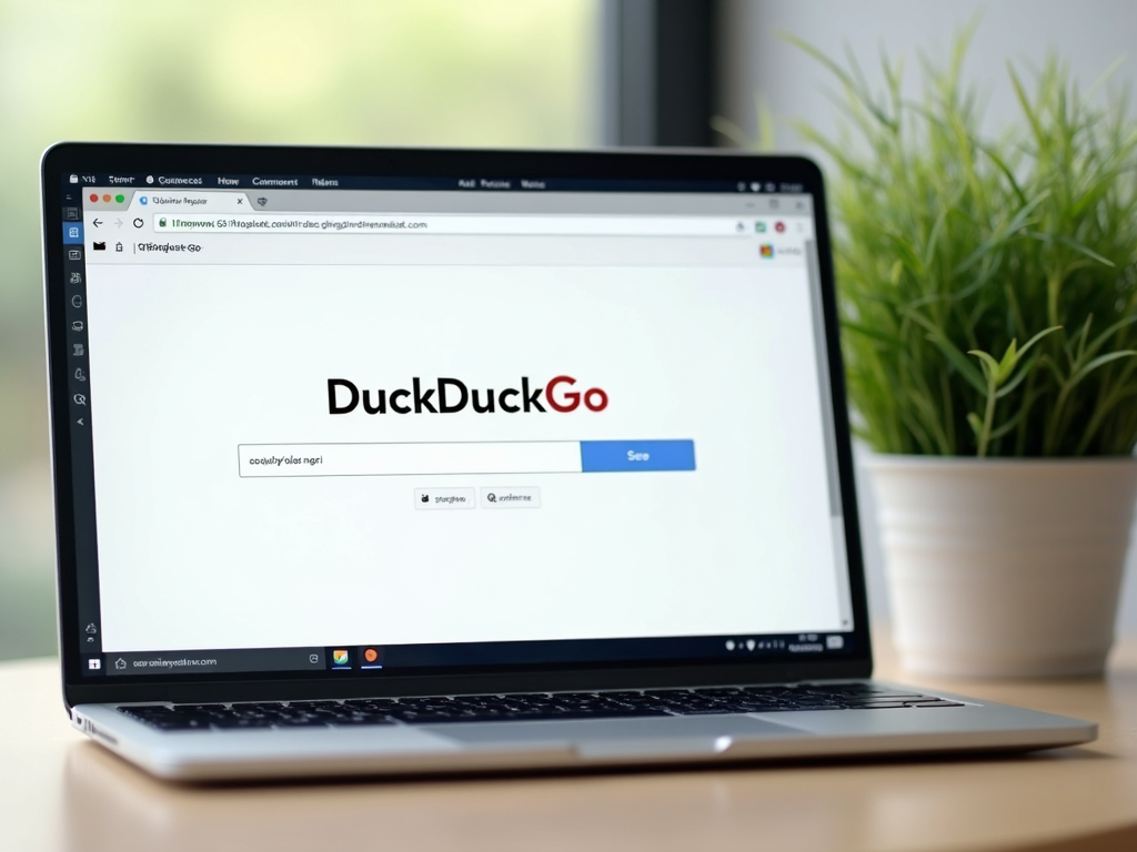 Laptop showing DuckDuckGo search engine.