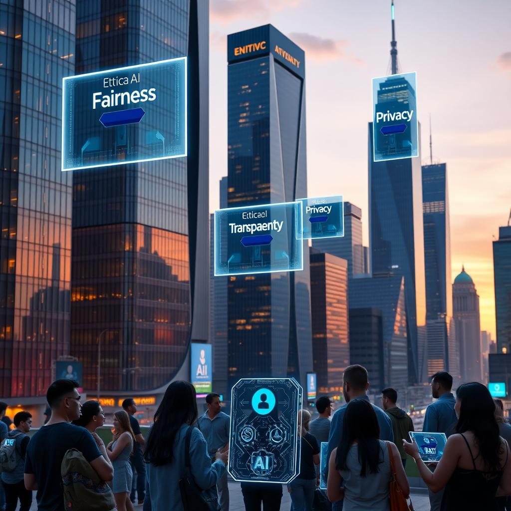 Futuristic city with glowing AI ethics principles displayed on skyscrapers