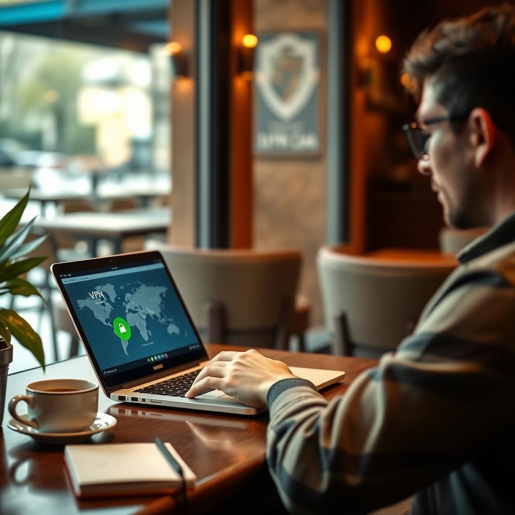 Person using a VPN on a laptop in a cozy coffee shop