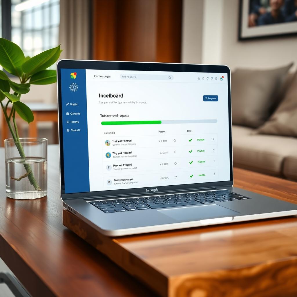 Laptop showing Incogni dashboard with data removal progress in a modern living room