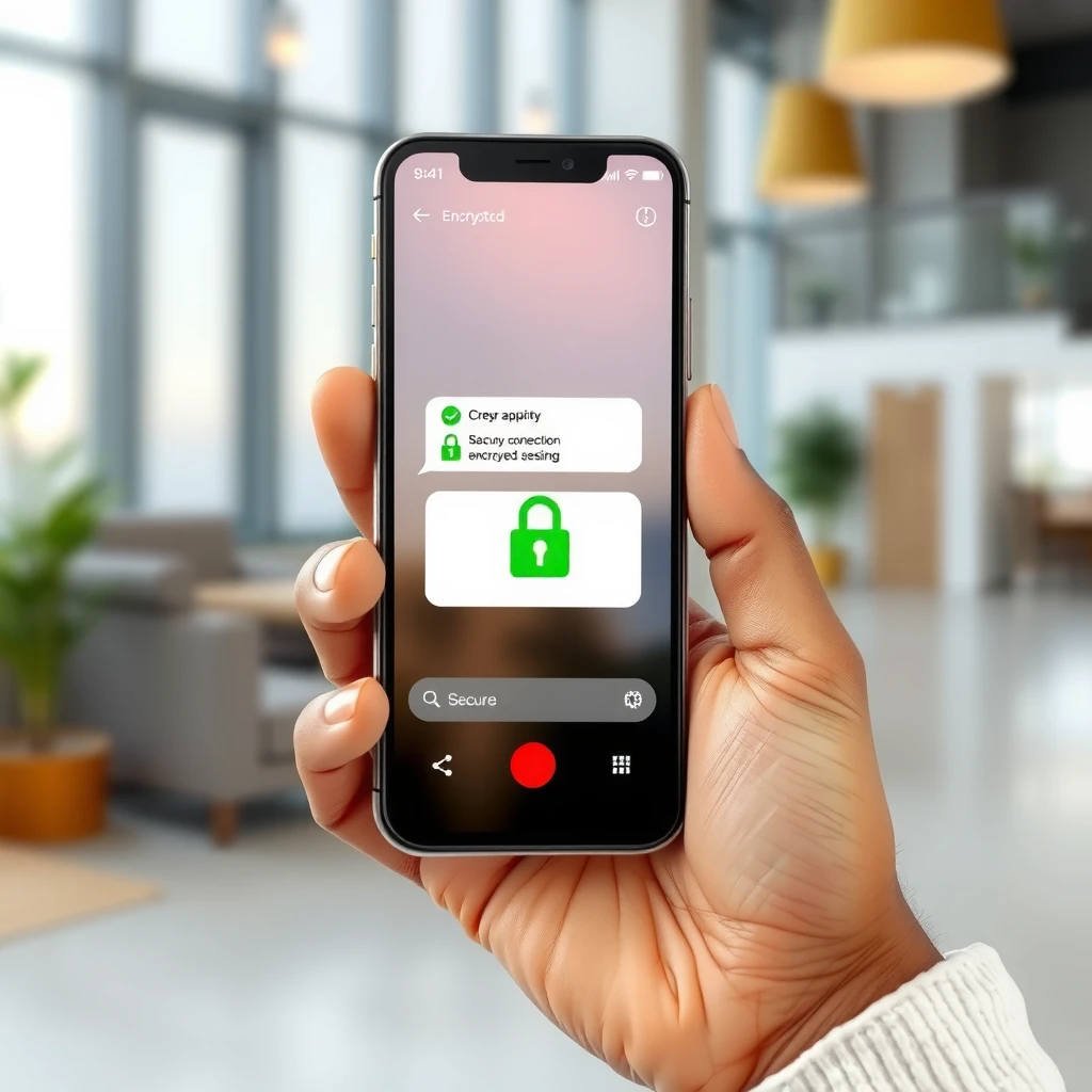 Person using smartphone with encrypted messaging app showing secure locks