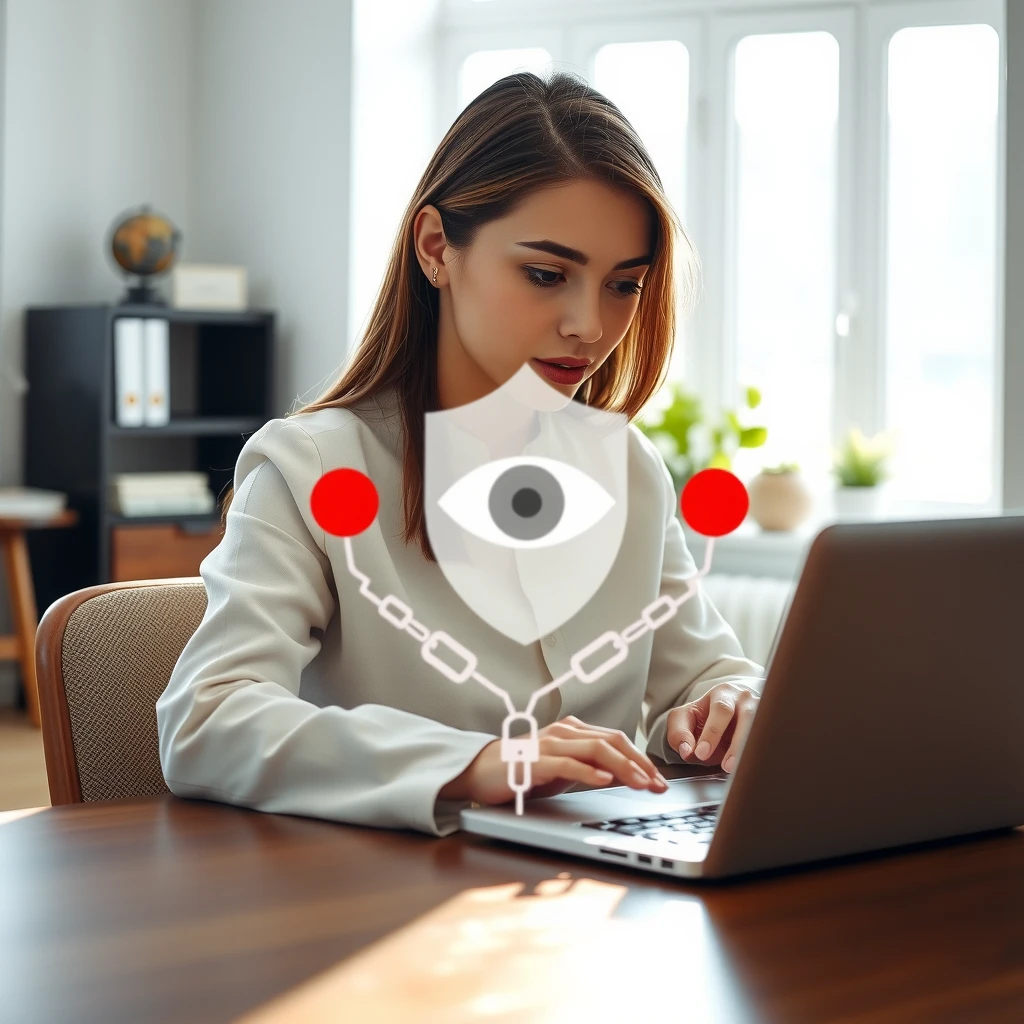 Young professional protecting online privacy with digital shield on laptop