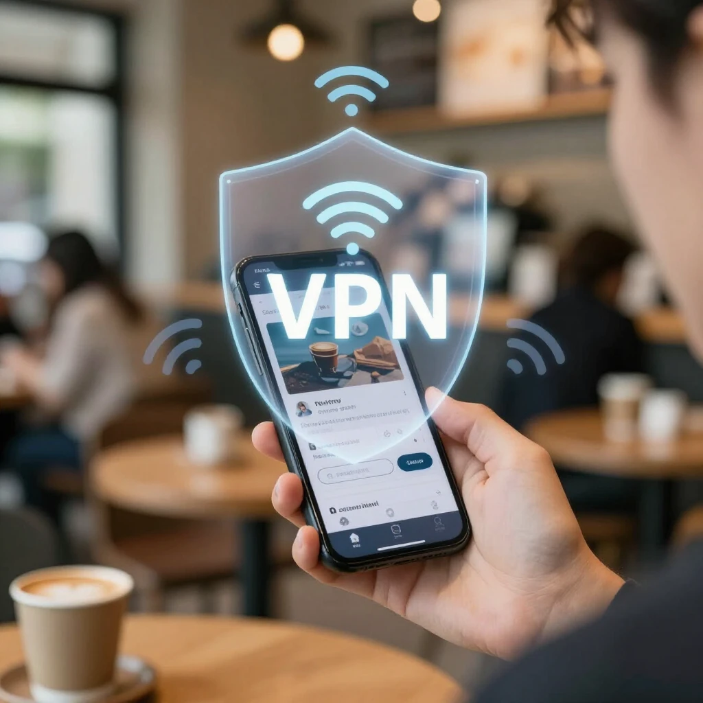 Person safely browsing on public Wi-Fi using a VPN