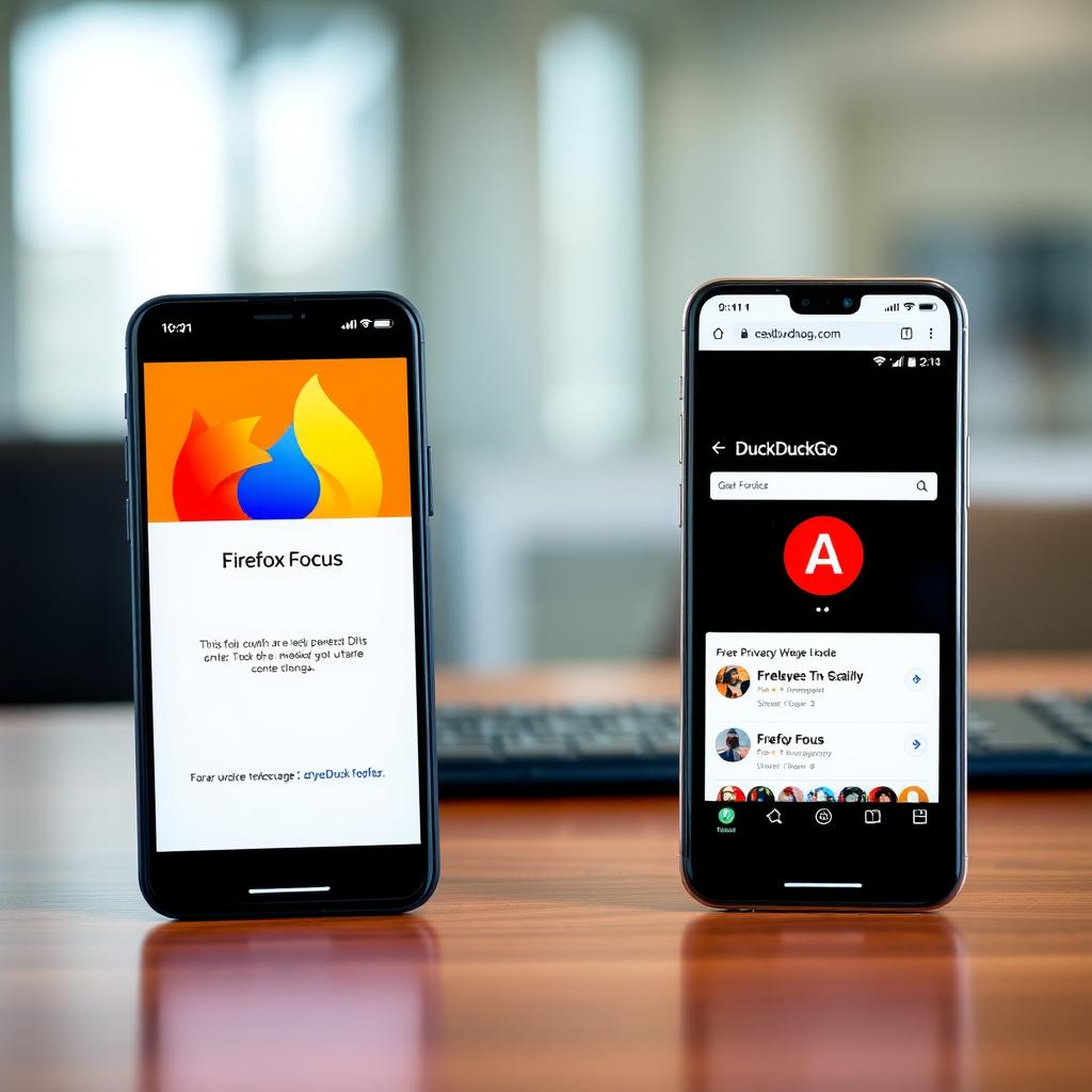 Two smartphones showing Firefox Focus and DuckDuckGo browsers, one with a minimalist interface and the other with a privacy grade and tabs