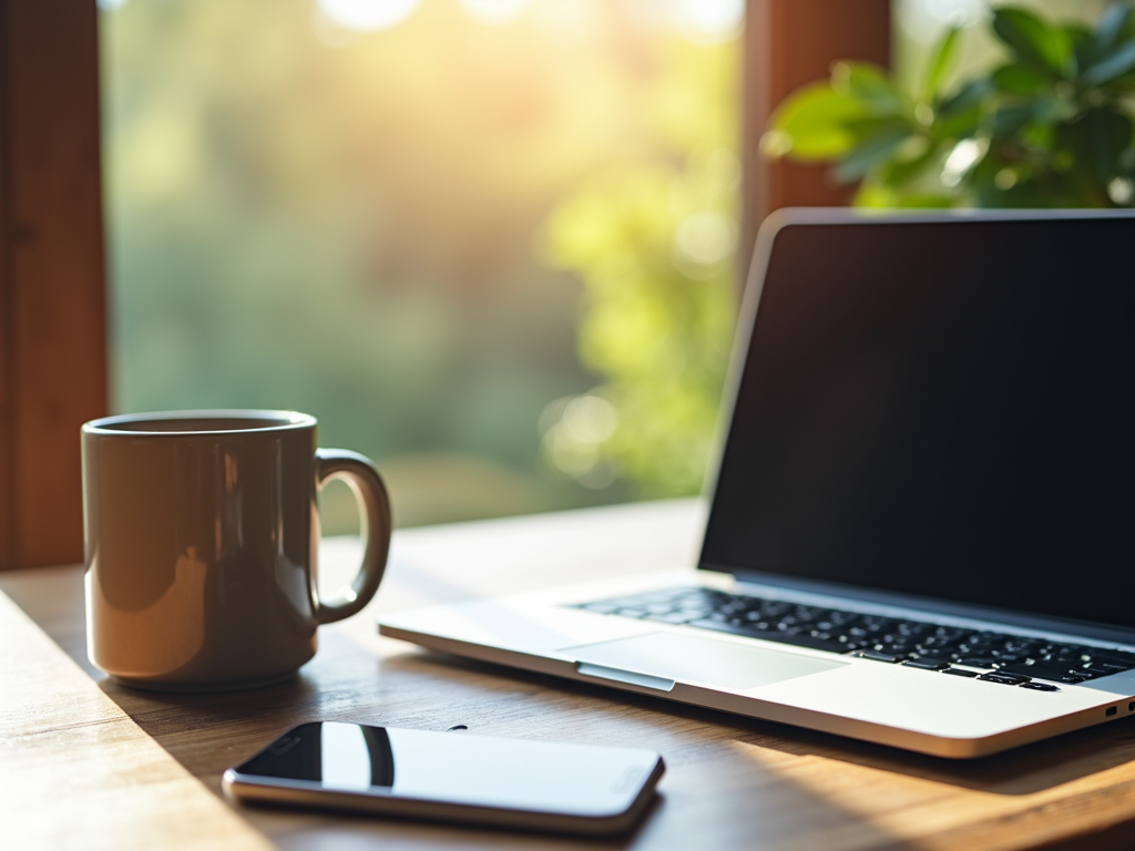 Desk with privacy tools in use in a sunny home office