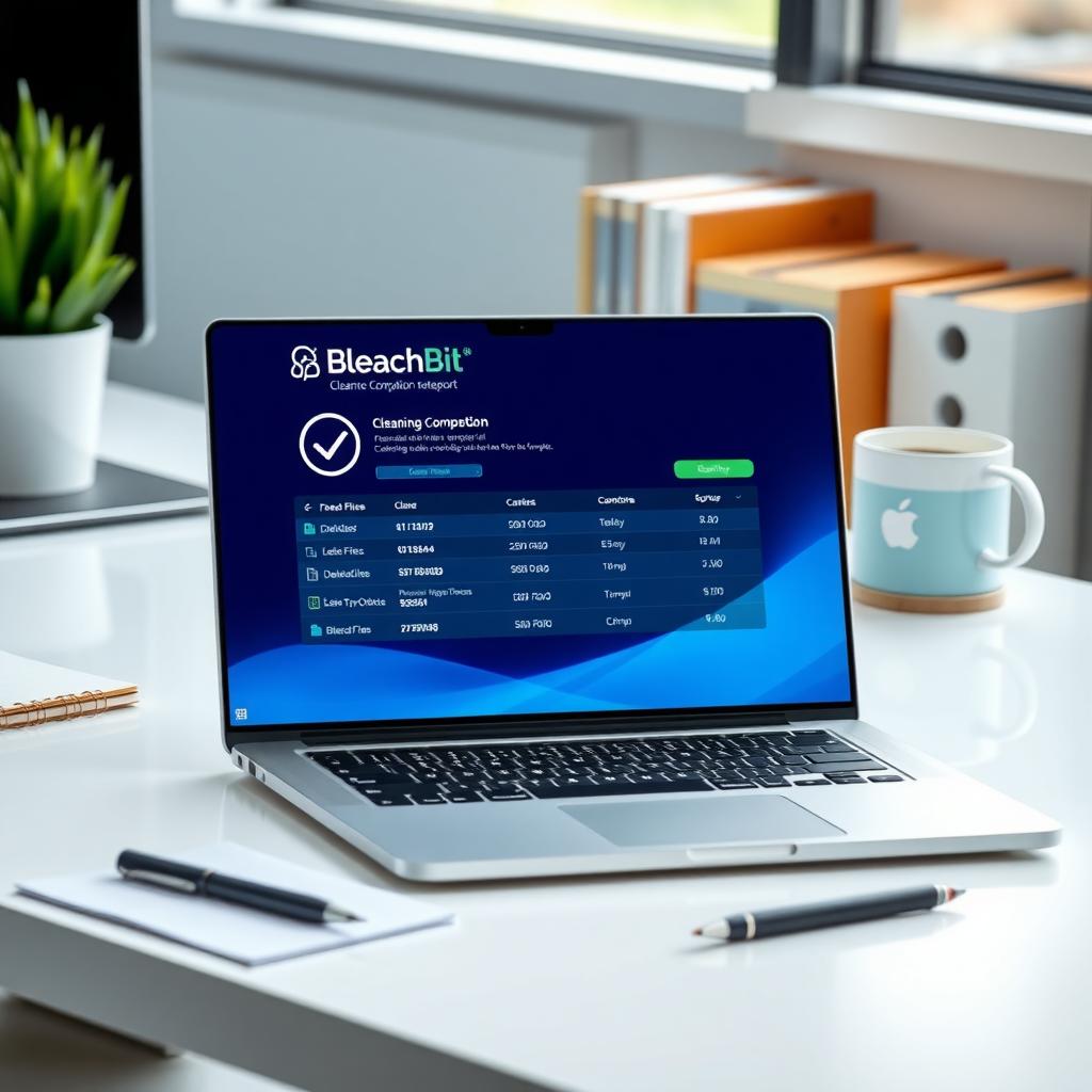 Laptop on a clean desk showing BleachBit cleaning completion report