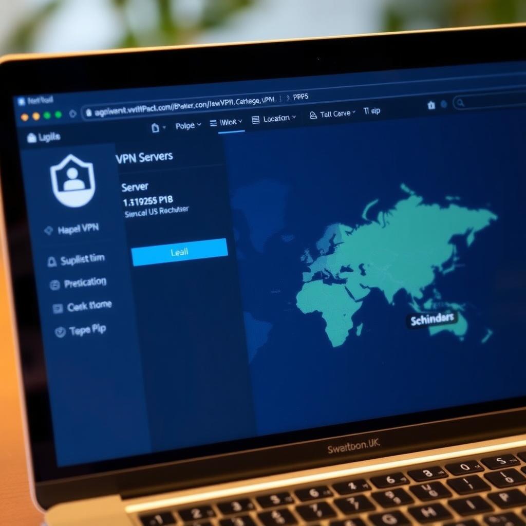 Laptop screen displaying a connected VPN app with a server location map.