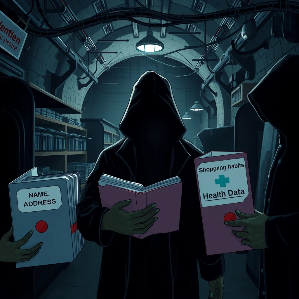 Illustration of shadowy figures trading personal data folders in a dark marketplace