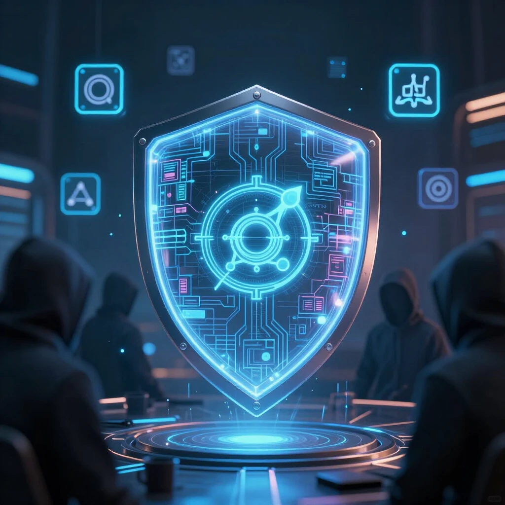 Digital shield protecting data from hackers in a futuristic 2025 setting