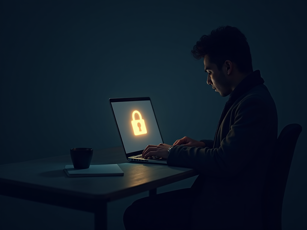 Person securing online privacy with laptop