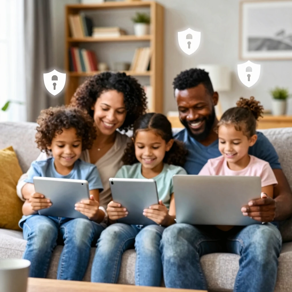 Happy family enjoying safe online time together at home