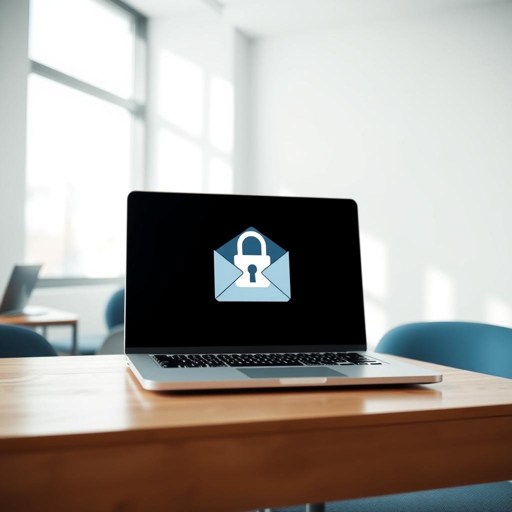 A laptop displaying a secure email interface with a lock icon on a wooden desk in a modern office.