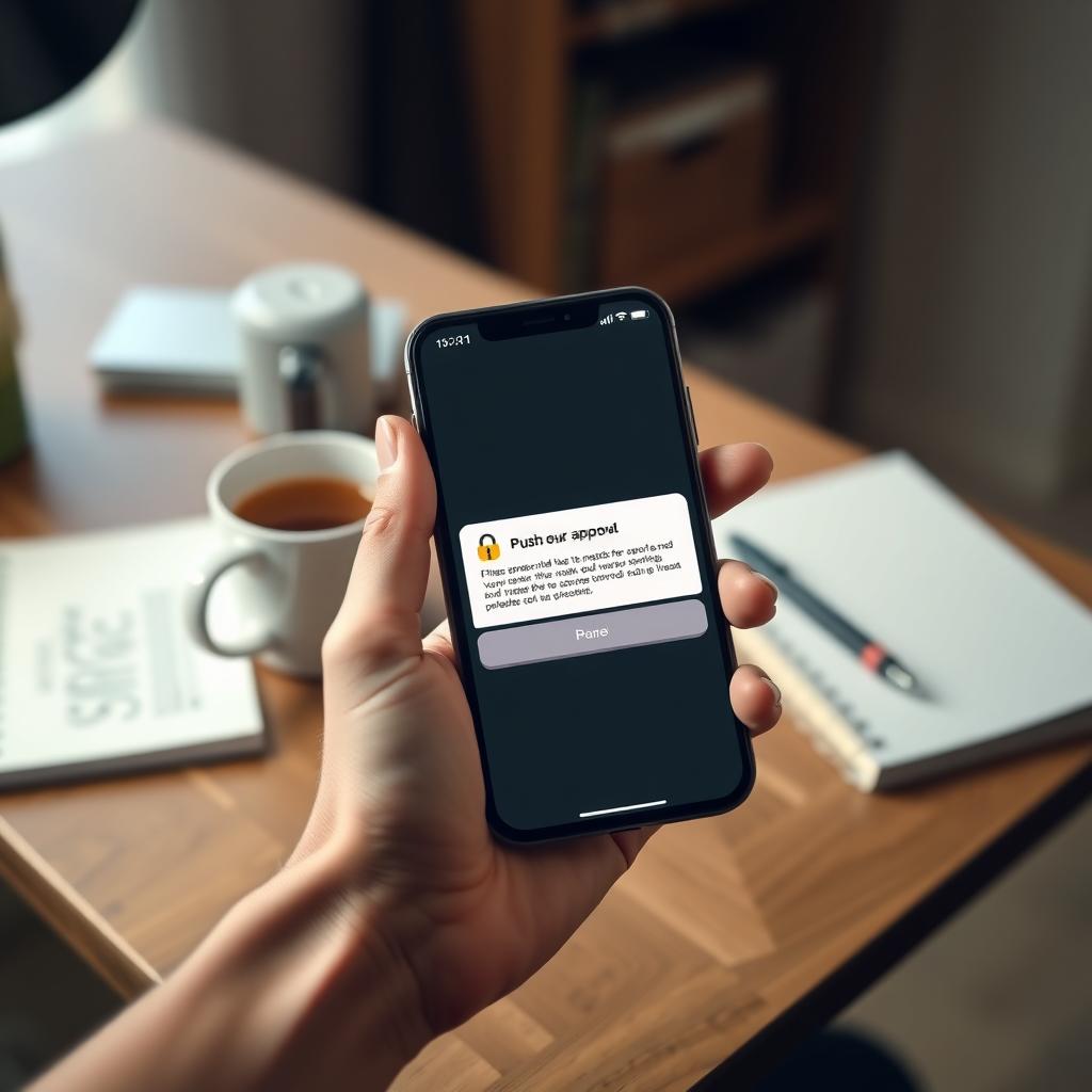 Hand holding a smartphone with a 2FA push notification in a cozy home office