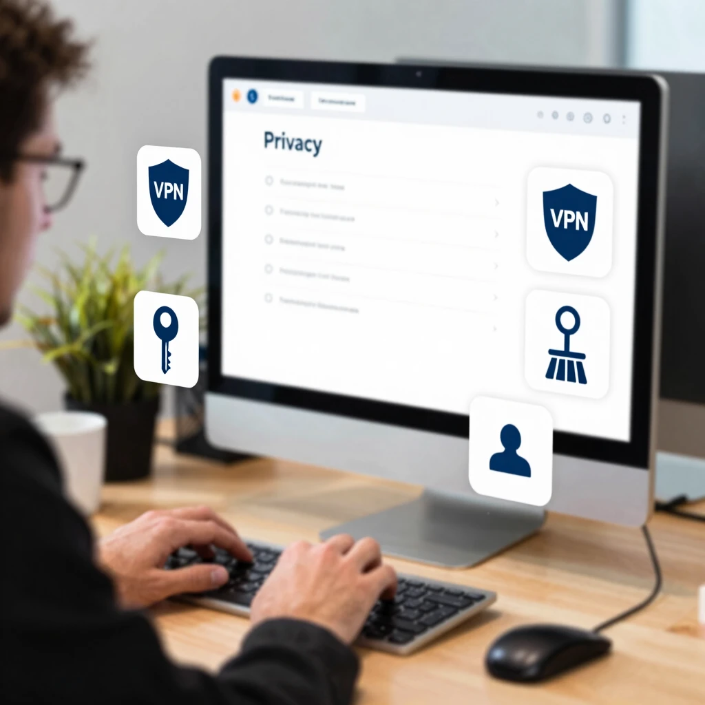 Person managing online privacy tools on computer with VPN, password manager, and data removal icons