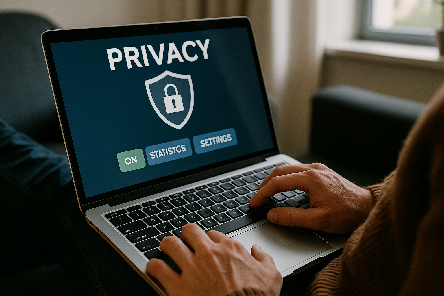 Person using a laptop with privacy tools.