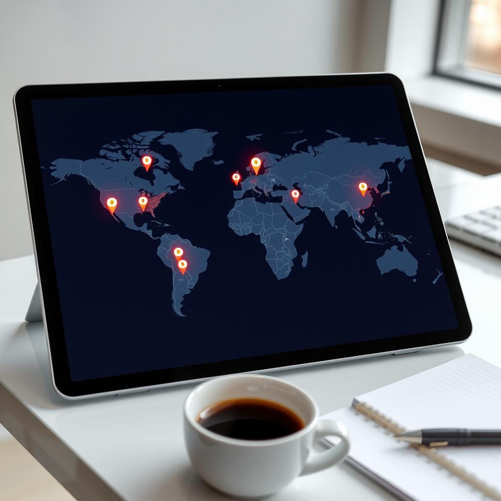 World map showing VPN server locations on a tablet