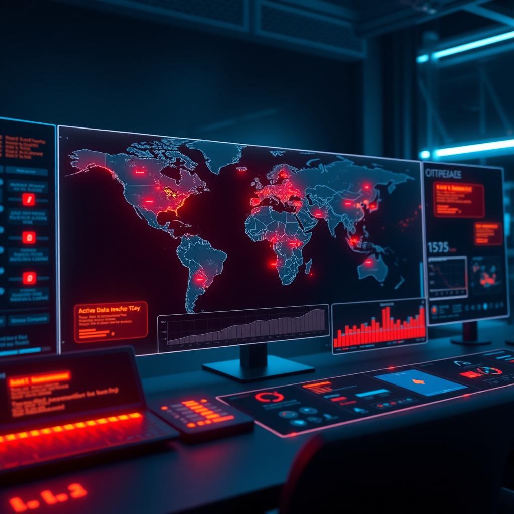 Digital cybersecurity dashboard showing global data breach alerts