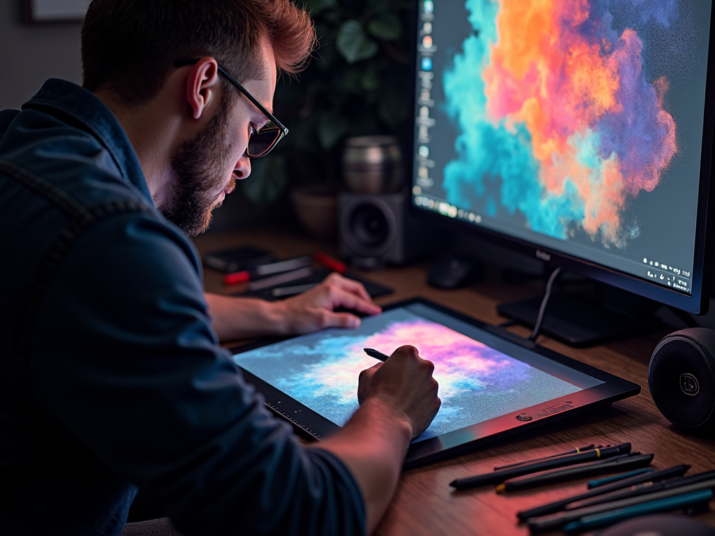 Digital artist working on a tablet with abstract art on the monitor.