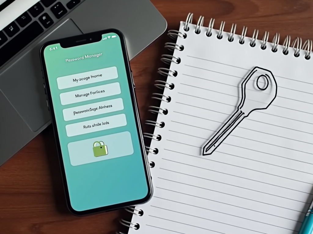 Smartphone showing password manager app on desk