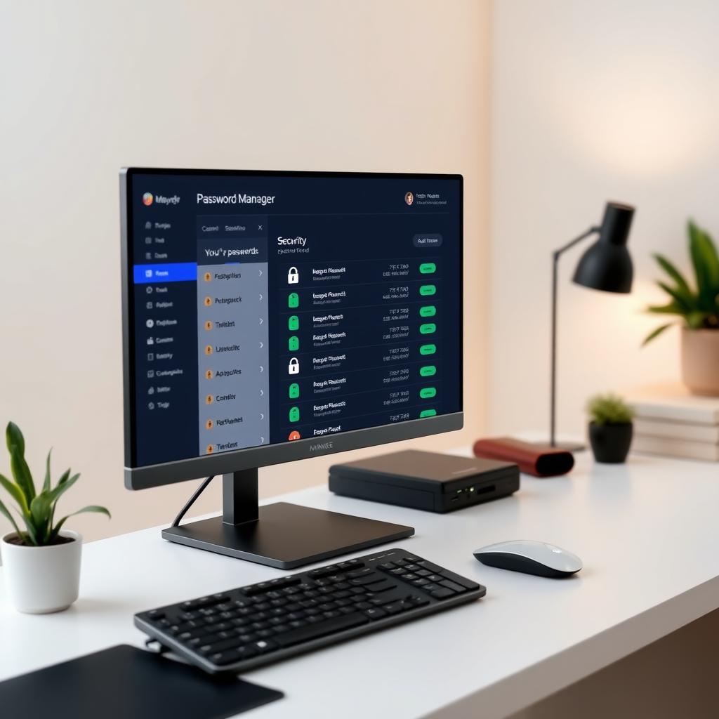 Monitor displaying a password manager dashboard in a minimalist workspace