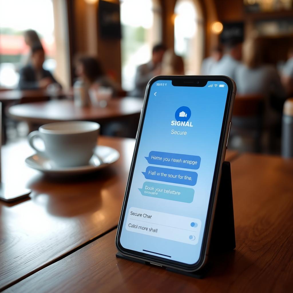 Smartphone showing Signal app on a café table with a cozy background.