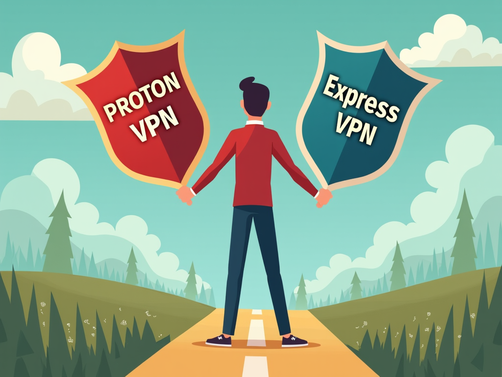 Person with Proton VPN and Express VPN shields at crossroads