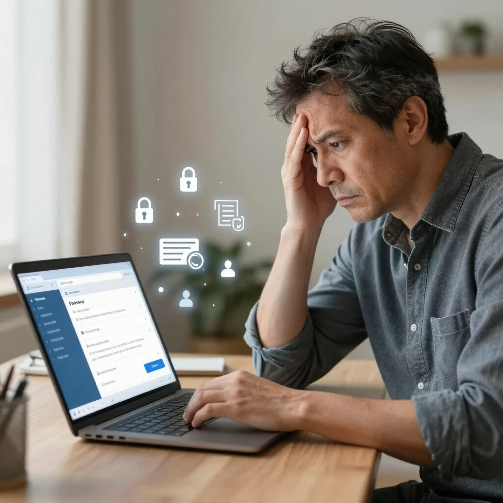Person managing online privacy on laptop, concerned about data exposure