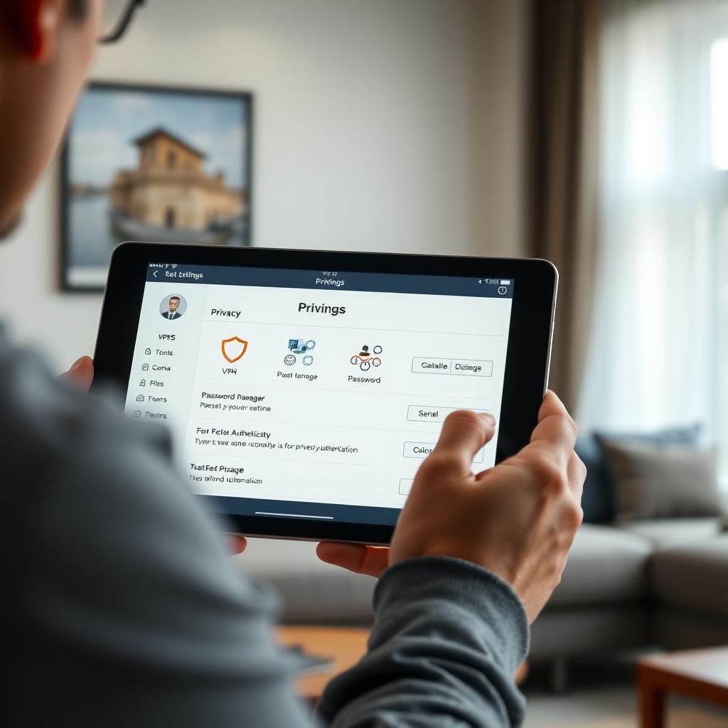 Person adjusting privacy settings on a tablet with VPN and 2FA icons
