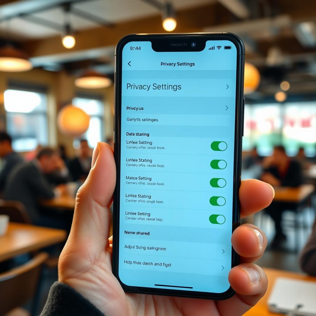 Smartphone showing privacy settings in a coffee shop