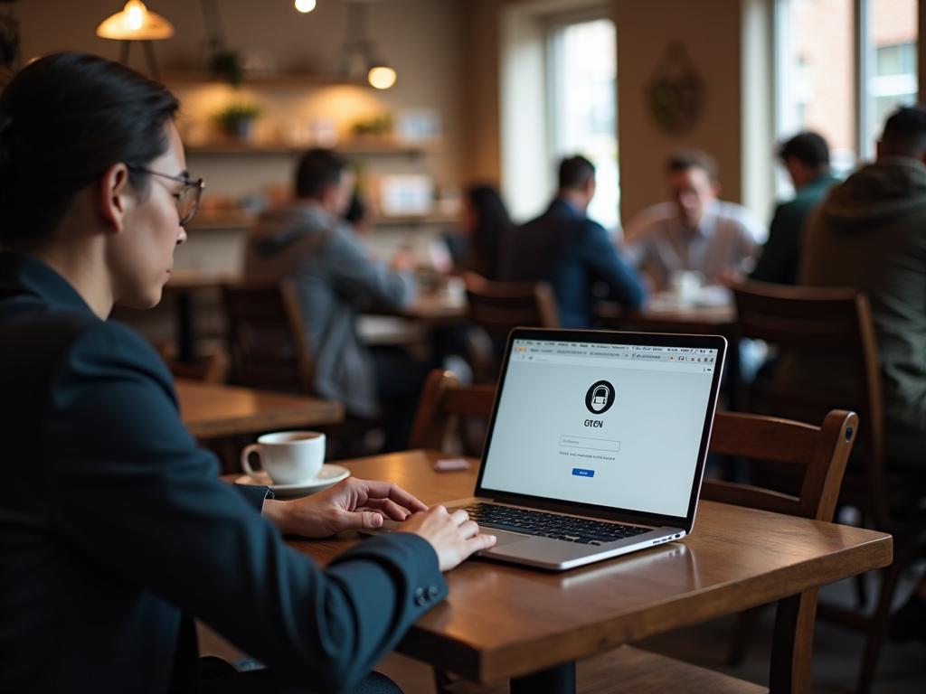 Person using a VPN on a laptop in a busy coffee shop.