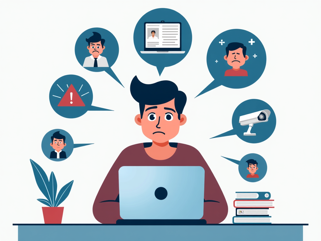 A concerned individual at a computer, surrounded by icons of online privacy threats.